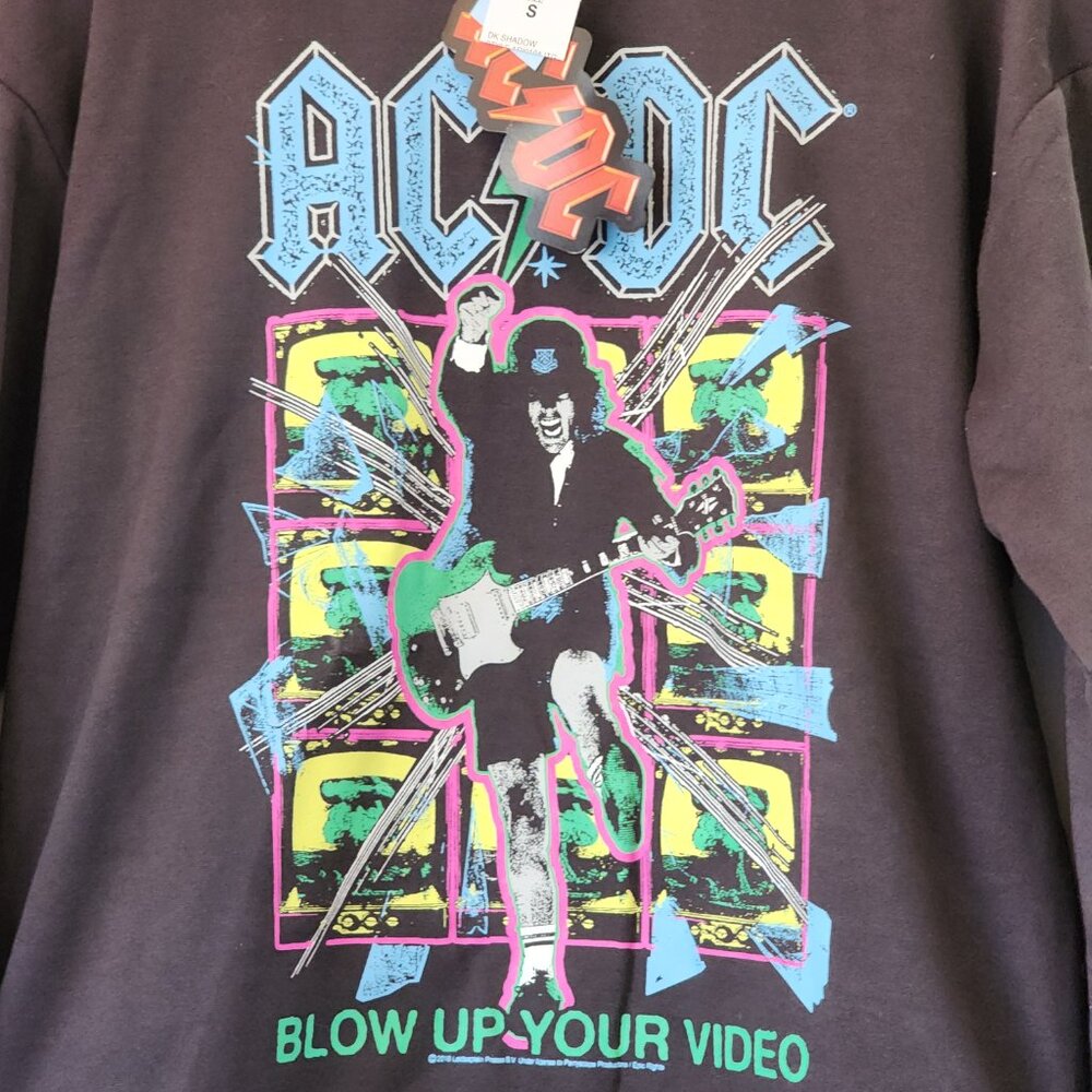 ACDC Sweatshirt Women SP Charcoal Gray Blow Up Your Video Neon Crew 2016 NWT